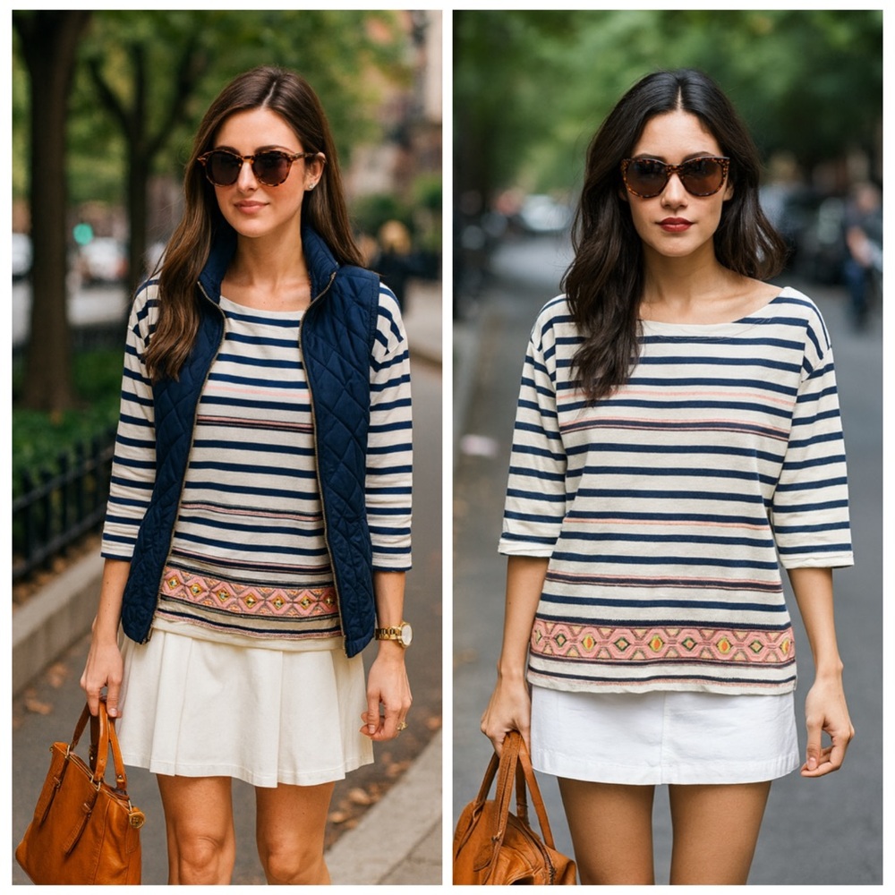 J. Crew Navy and Cream Striped Embroidered Hem Boatneck Top